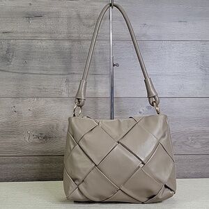 Valentina Fiore Taupe Woven Italian Leather Shoulder Bag